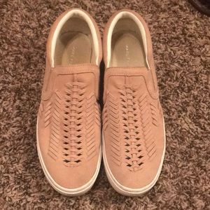 Pink suede Marc Fisher loafer slides